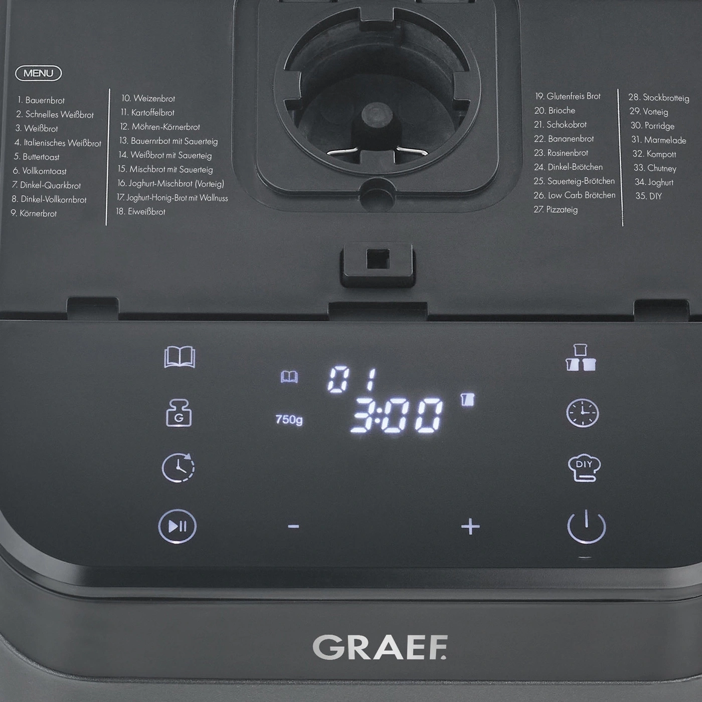 Machine à pain avec sélection de menu et affichage numérique pour programmes et réglages.