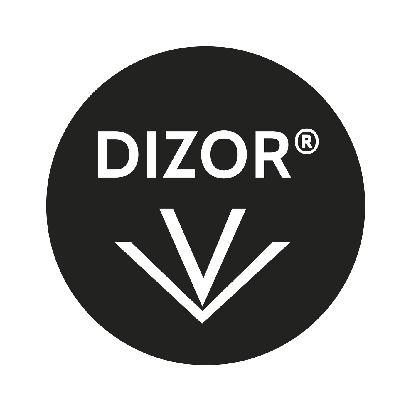 Ein schwarzer Kreis mit weißem Text 'DIZOR' und einem nach unten zeigenden Pfeil.