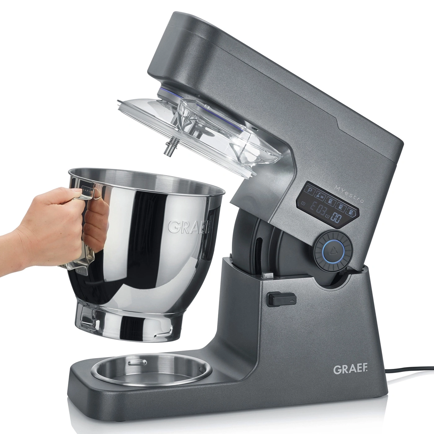 Robot culinaire Graef, gris, avec bol et main, ouvert, gros plan