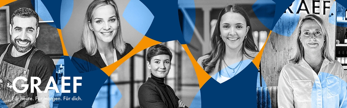 GRAEF-Team: Fünf lächelnde Gesichter vor blau-orangenem Hintergrund.