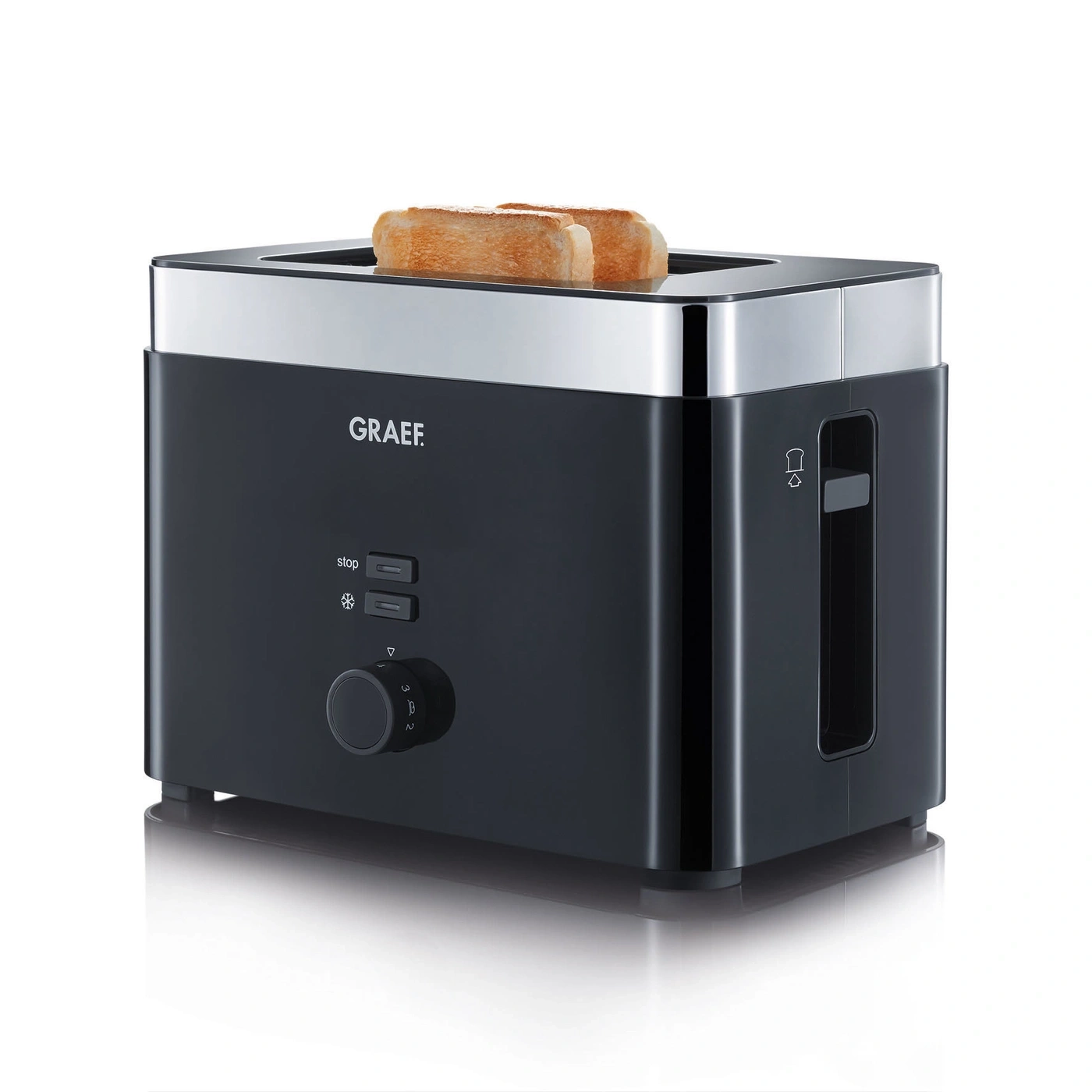 Schwarzer Toaster mit zwei Toastscheiben, Marke Graef, mit Knöpfen und Drehregler.