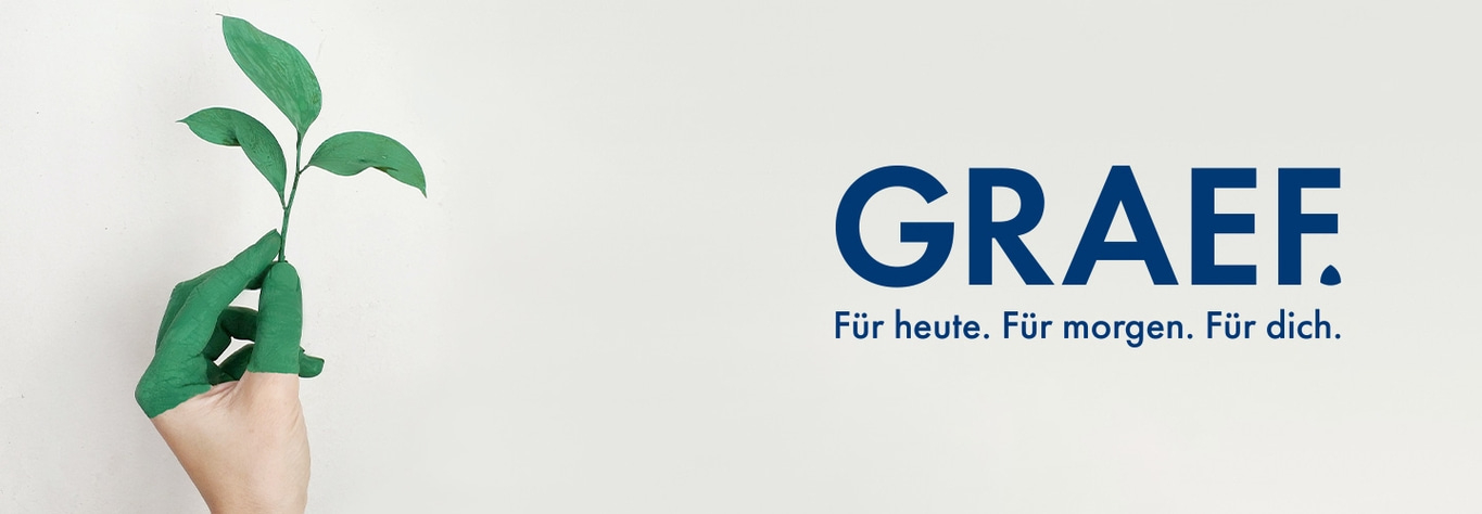 GRAEF Logo mit grünen Blättern und Hand, Text: Für heute. Für morgen. Für dich.