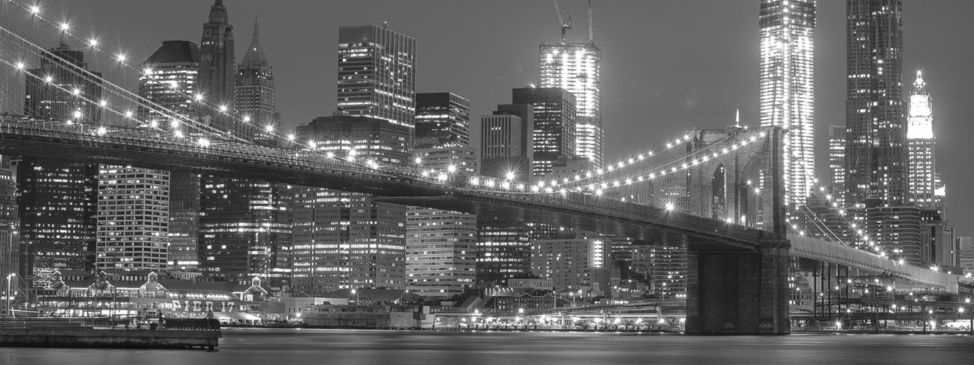 Brücke und Wolkenkratzer in Schwarzweiß bei Nacht, Stadtlandschaft