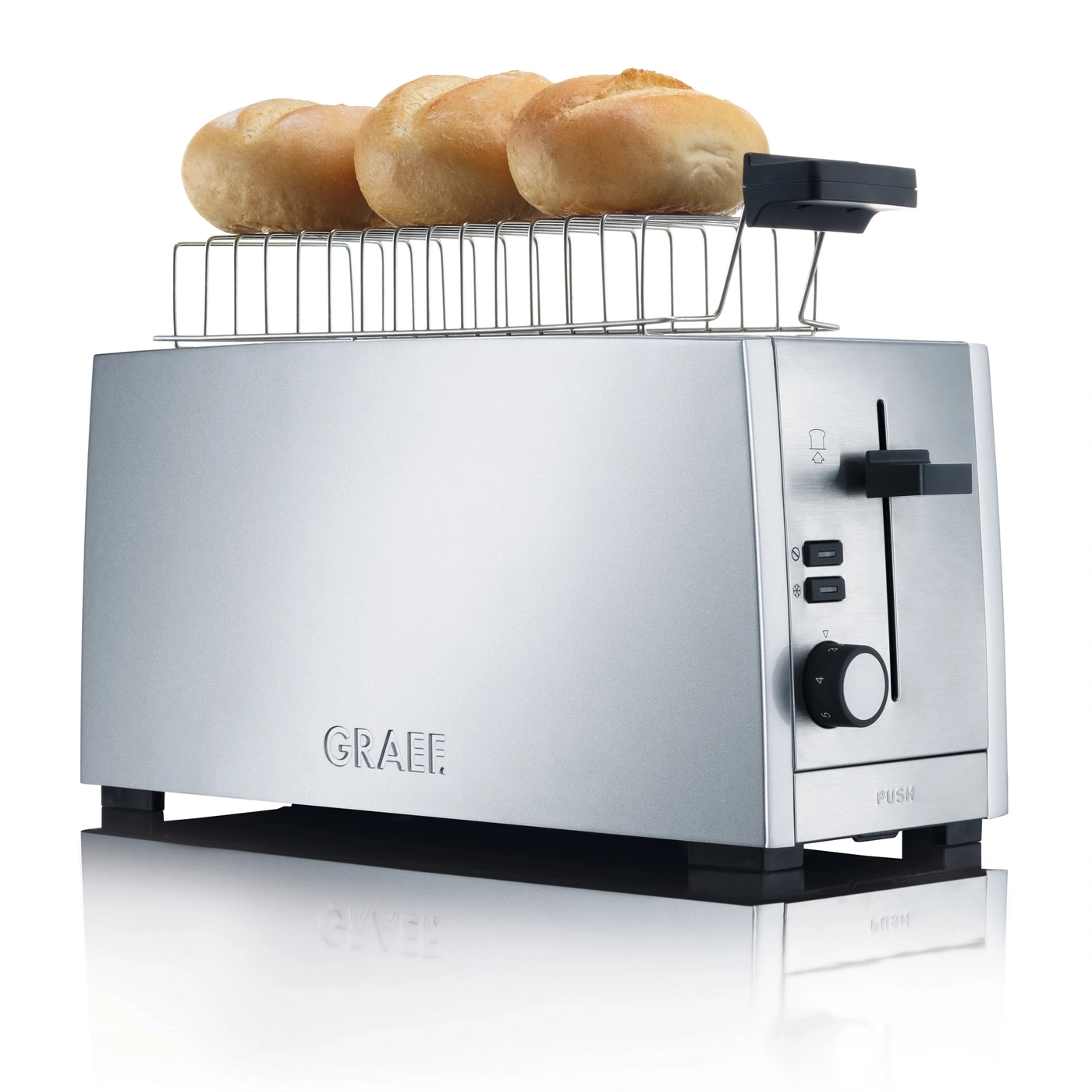 Graef Toaster mit Brötchenaufsatz und drei Brötchen, silberfarben