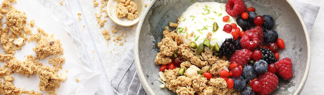 Close-up of granola with yogurt and berries in a bowl
