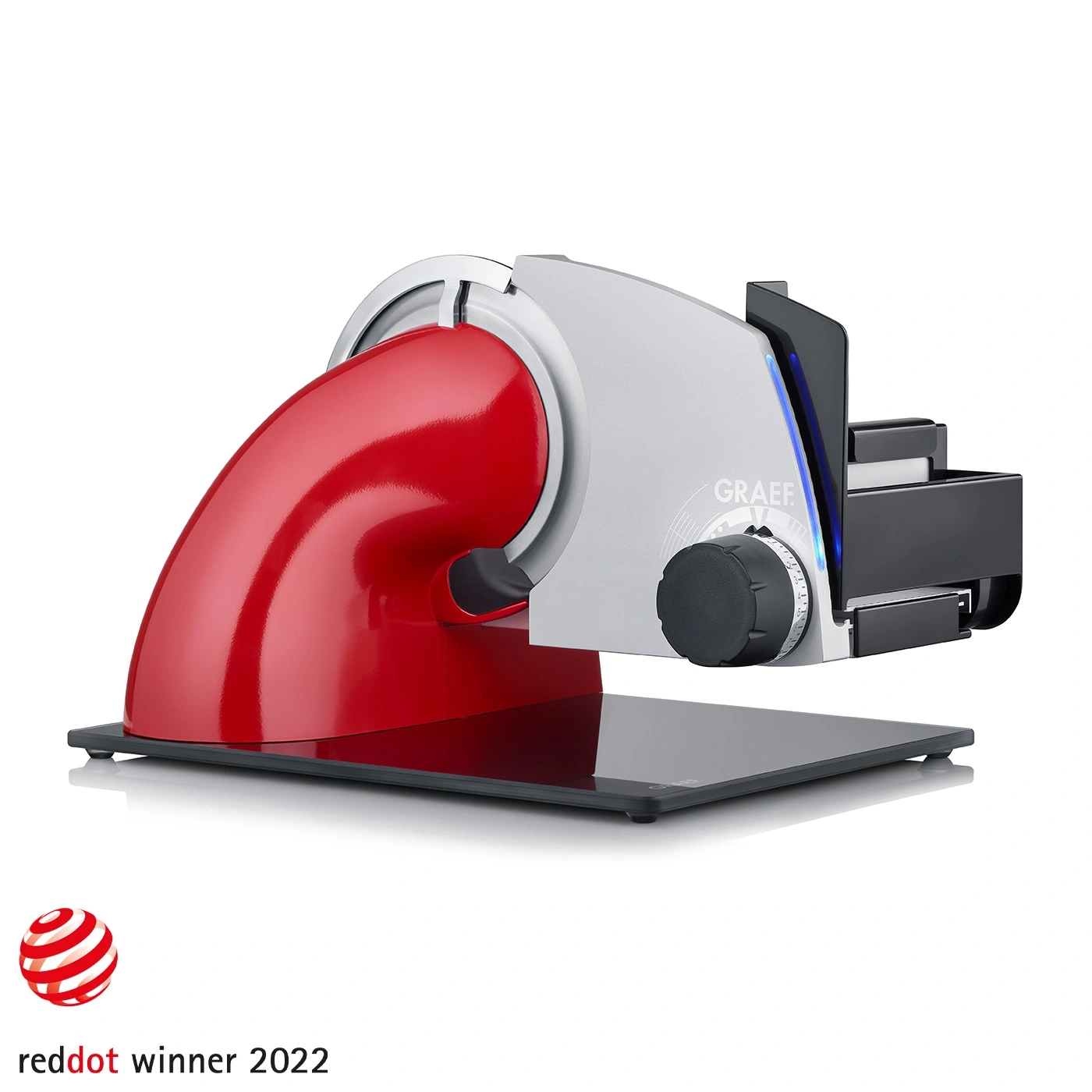 Trancheuse Graef, rouge, argent, noir, Red Dot Winner 2022, appareil de cuisine, machine à couper