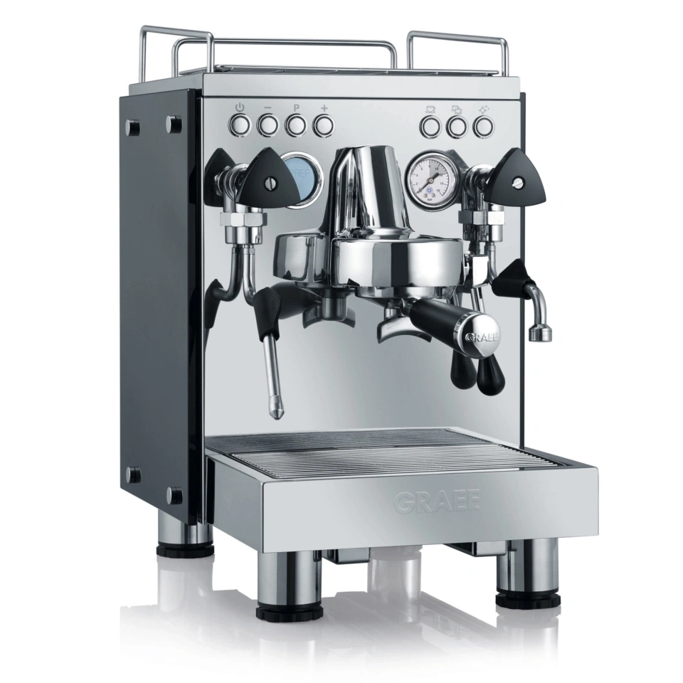 Espressomaschine aus Edelstahl, mit Knöpfen und Manometer, Marke Graef