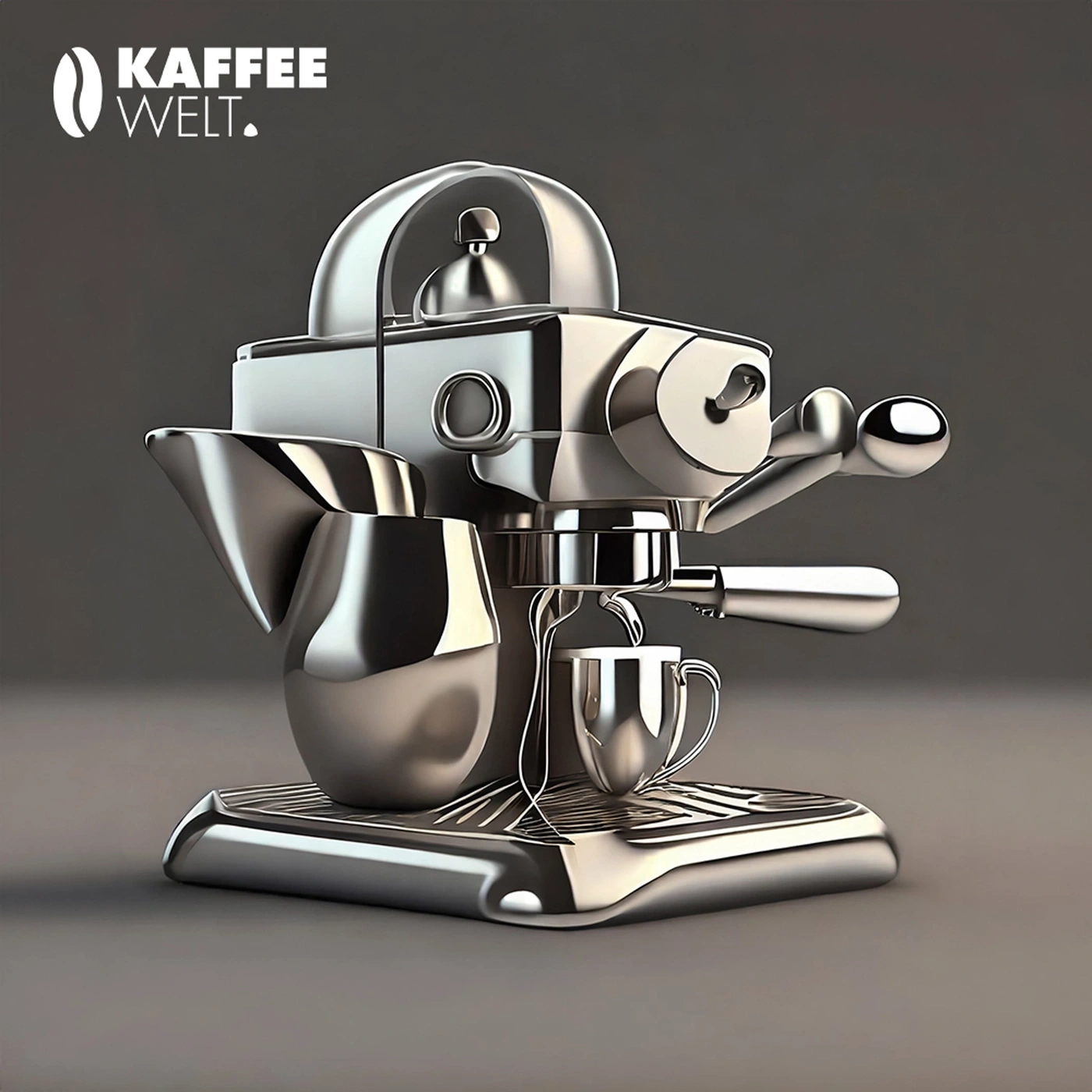 Edelstahl-Kaffeemaschine mit Milchkännchen und Tasse auf grauem Hintergrund