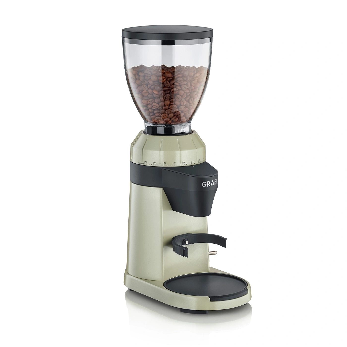 Kaffeemühle mit Bohnen, Marke GRAEF, hellgrün, schwarze Elemente, modernes Design.