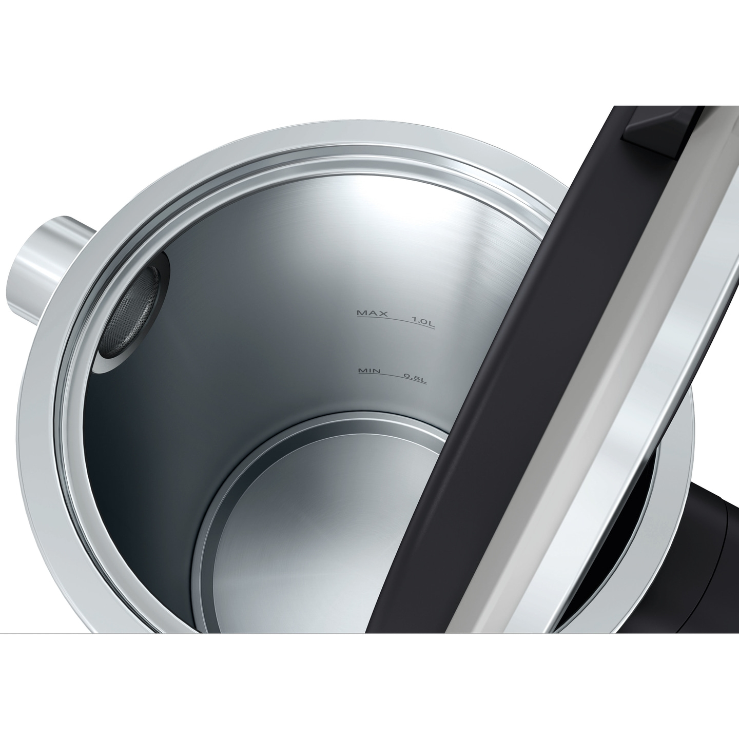 Close-up of a kettle with fill level indicators and a handle