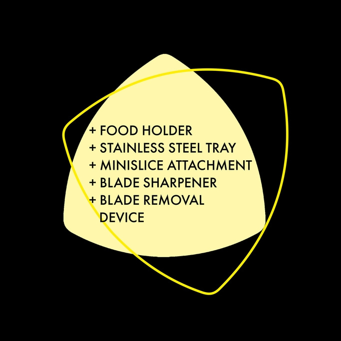 Yellow outline with text: Food Holder, Tray, Attachment, Sharpener, Device.