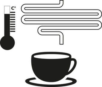 Cup of hot drink, thermometer, and pipe showing the temperature of the beverage.