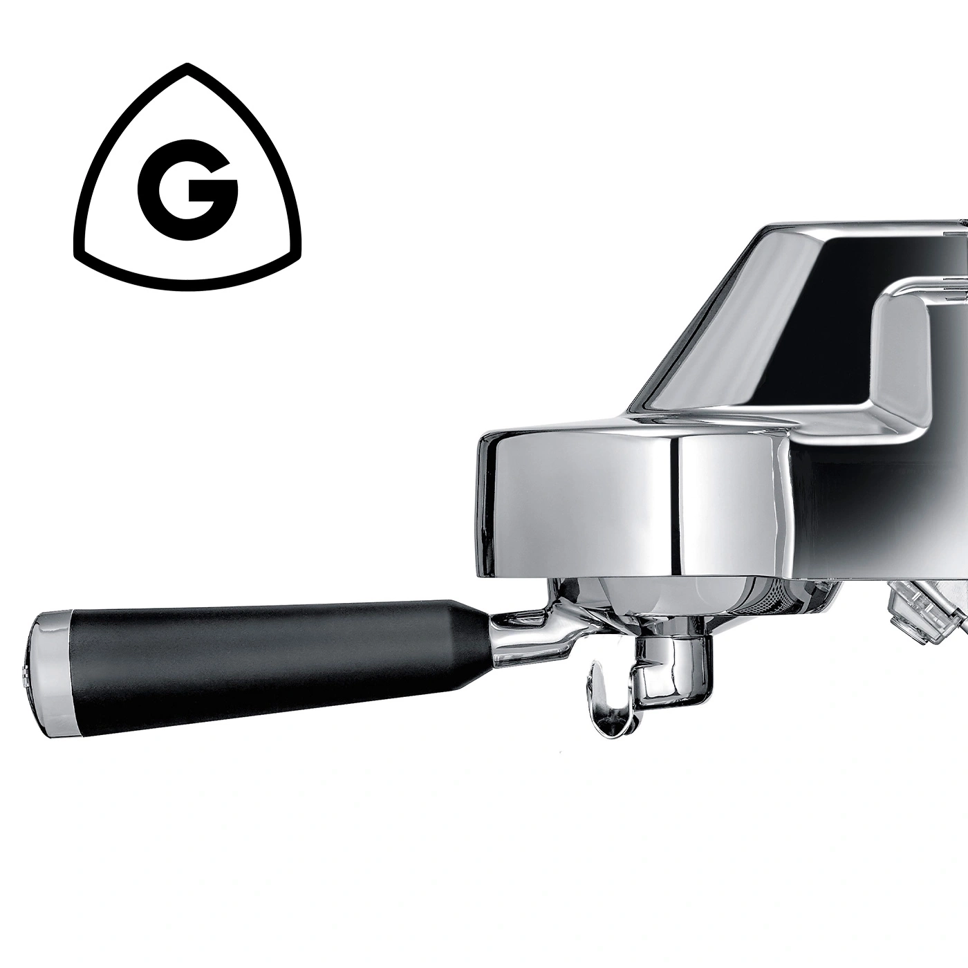 Coffee machine portafilter with G logo on white background