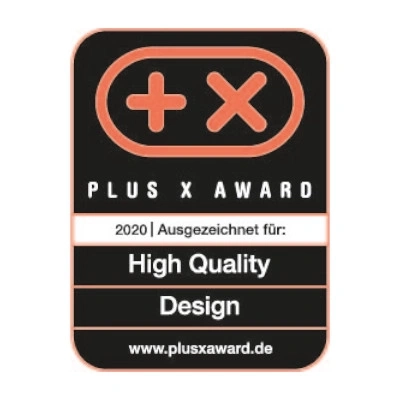 Plus X Award 2020 für High Quality Design, Auszeichnung, Logo, orange, schwarz