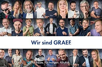 Menschencollage mit dem Schriftzug 'Wir sind GRAEF' und dem Slogan 'Für heute. Für morgen. Für dich.'