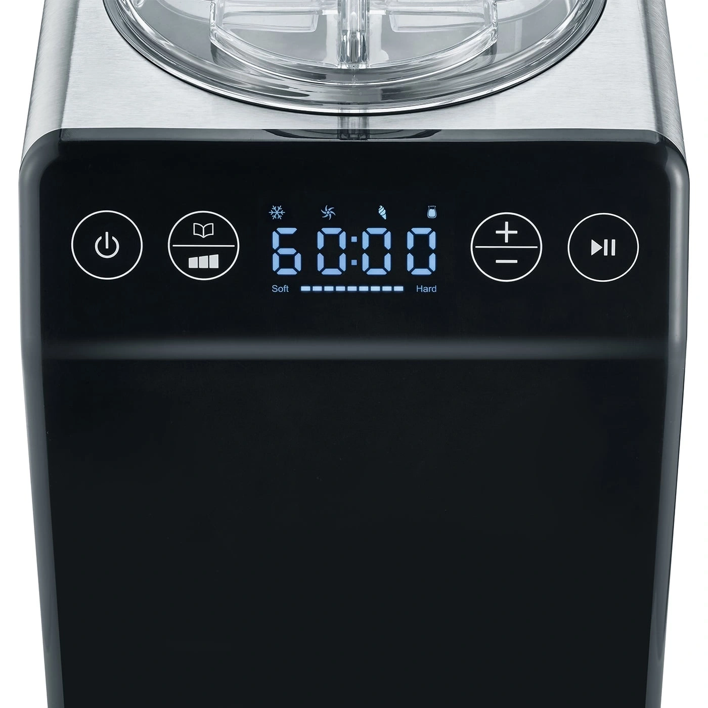 Eiscrememaschine mit digitaler Anzeige und Bedienelementen für verschiedene Funktionen.