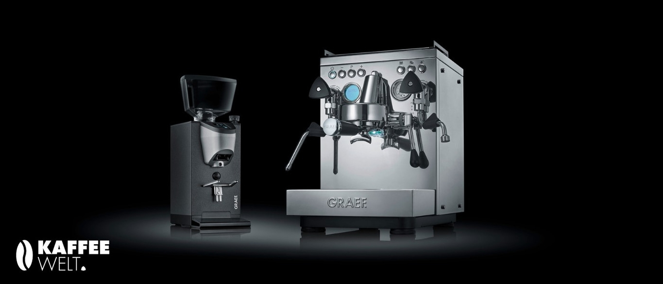 Kaffeemaschine und Kaffeemühle von GRAEF auf schwarzem Hintergrund