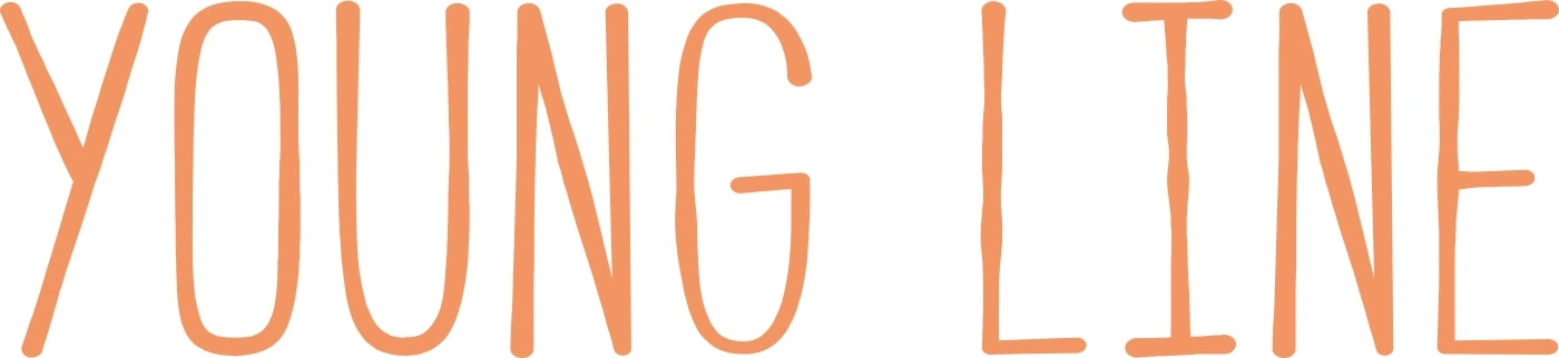 Orange YOUNG LINE text on white background, hand drawn style