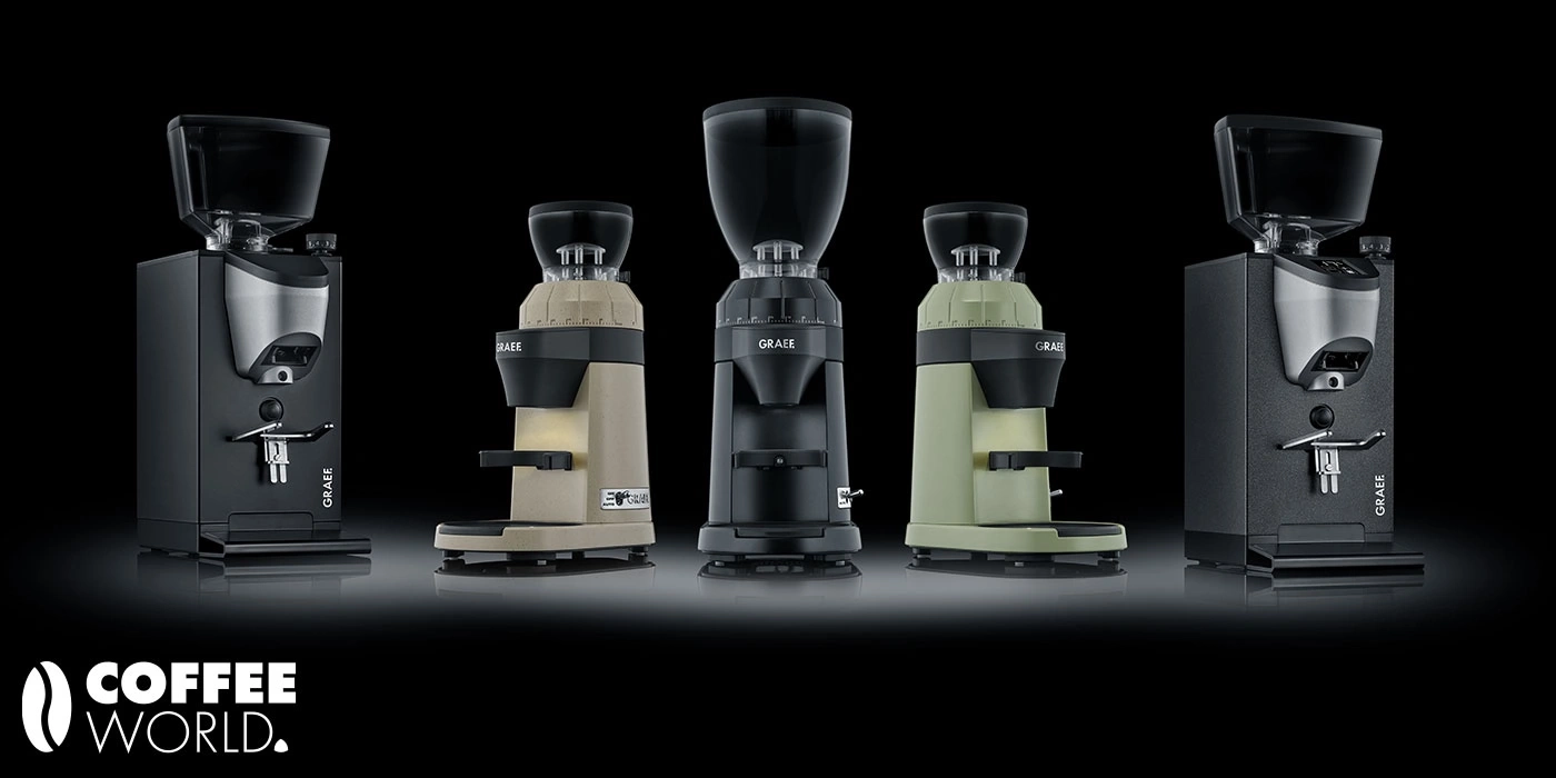 Coffee grinders in various colors against a black background.