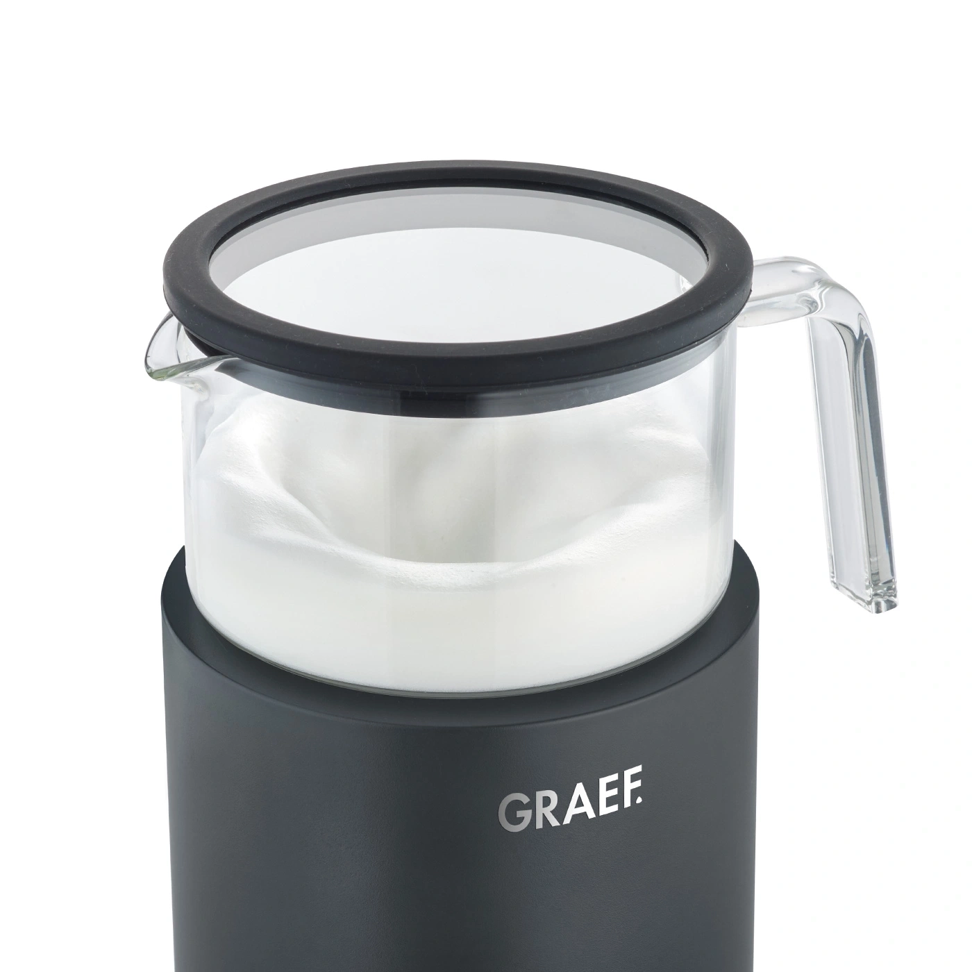 Milchaufschäumer mit Milch und Deckel, Marke GRAEF, schwarz, Glas
