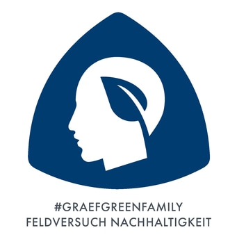 Blaues Logo mit Kopf, Blatt und Text: #GRAEFGREENFAMILY FELDDVERSUCH NACHHALTIGKEIT
