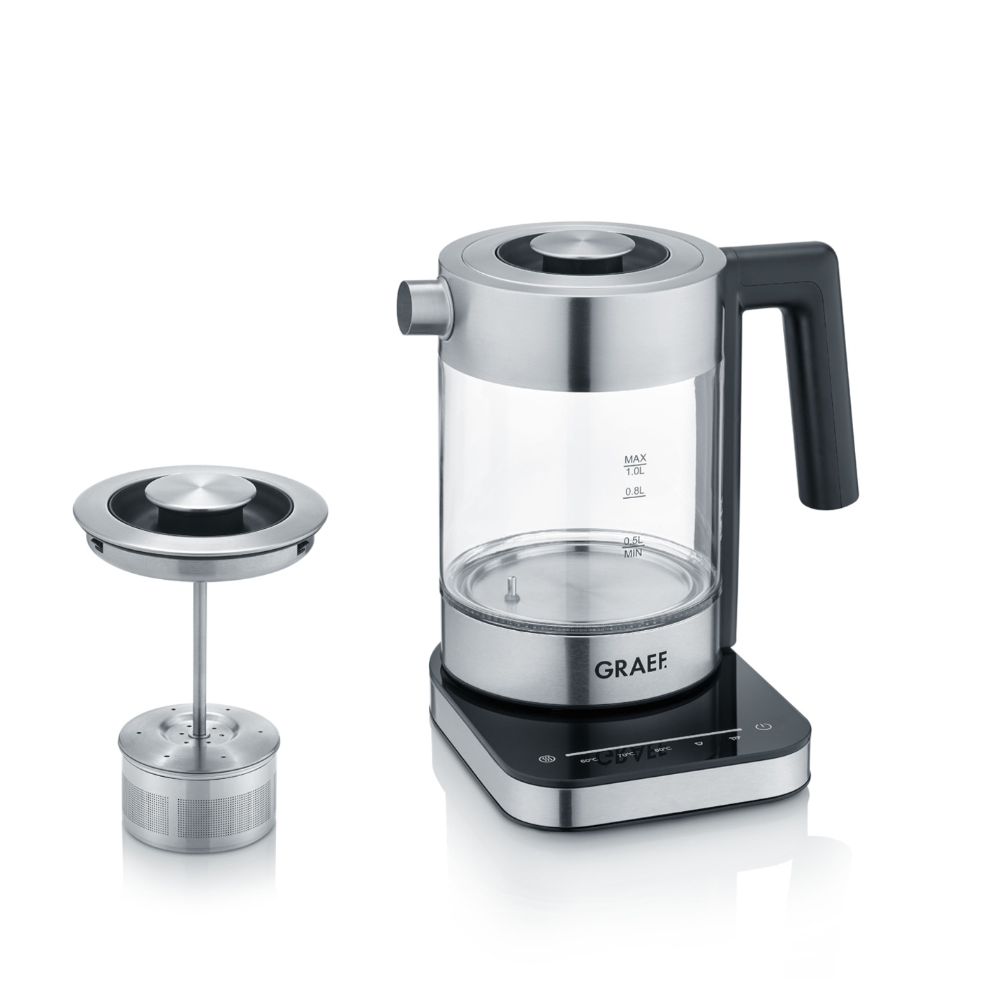 Wasserkocher mit Teefilter, Edelstahl und Glas, modernes Design, GRAEF-Marke