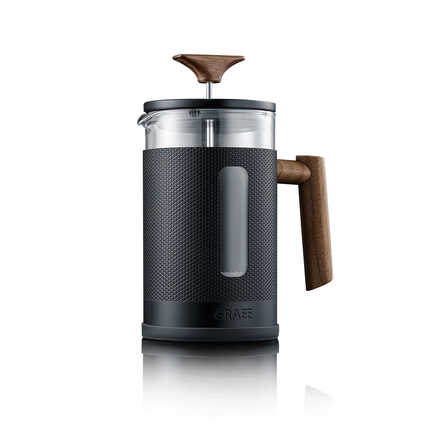 Coffee press with wooden handle and lid, black body, and glass container.
