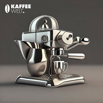 Edelstahl-Kaffeemaschine mit Milchkännchen und Tasse auf grauem Hintergrund
