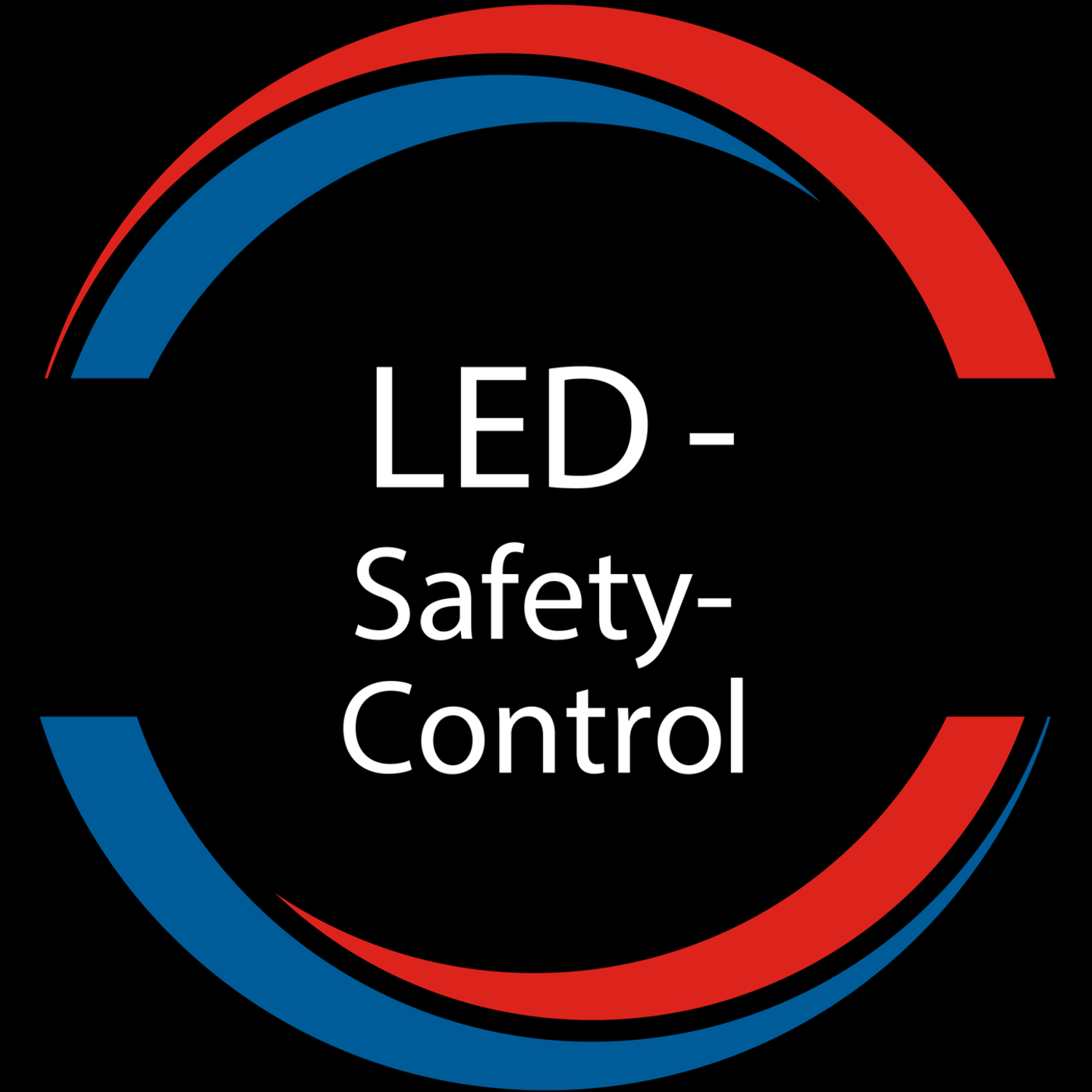 LED Safety Control logo, blue and red arcs, black background, white text
