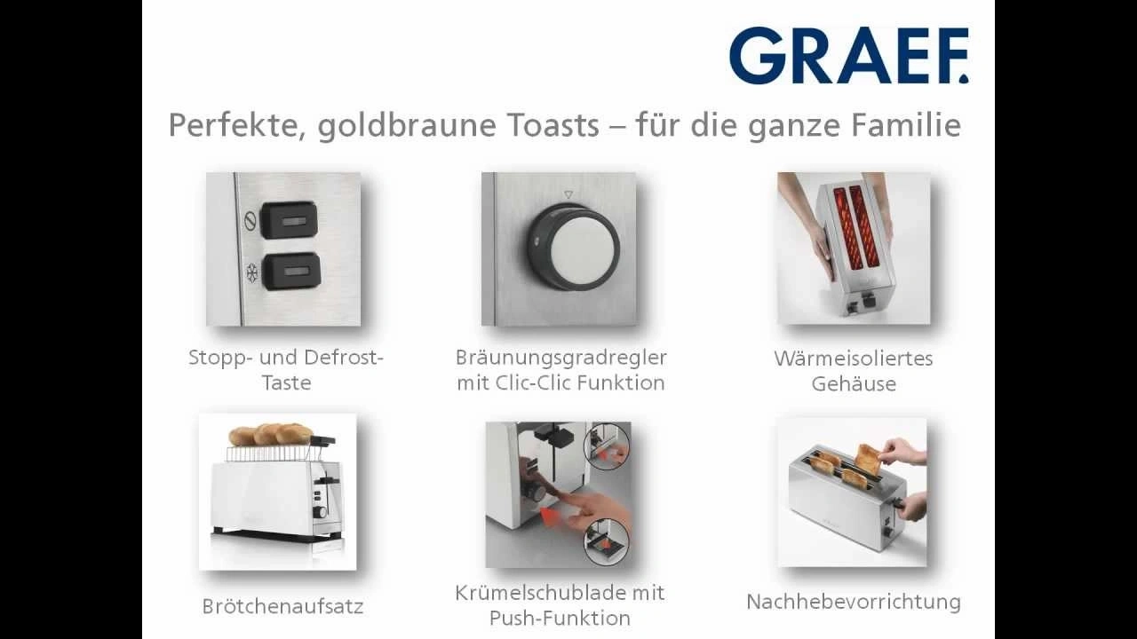 GRAEF Toaster: Perfekte goldbraune Toasts für die ganze Familie mit Funktionen wie Stopp- und Defrost-Taste.