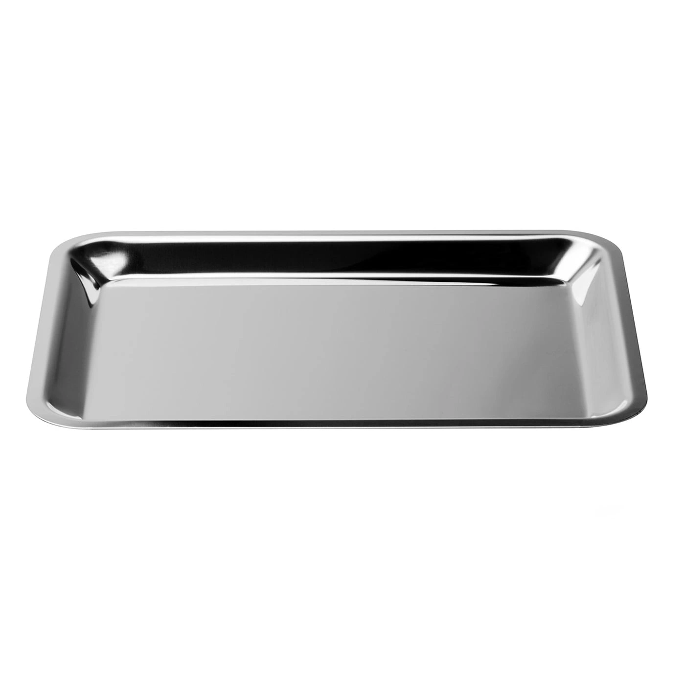 Shiny silver rectangular serving tray, empty, isolated on white background