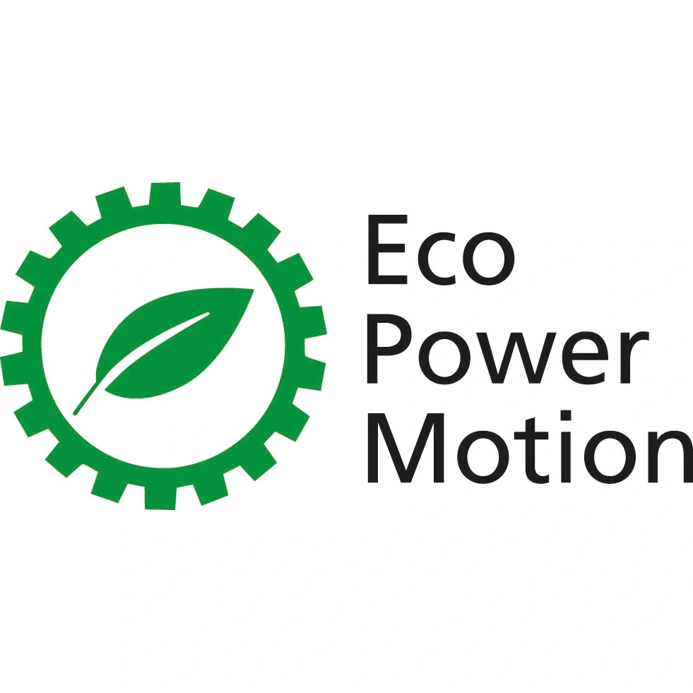 Logo mit Zahnrad, Blatt und Text 'Eco Power Motion' in Grün und Schwarz.