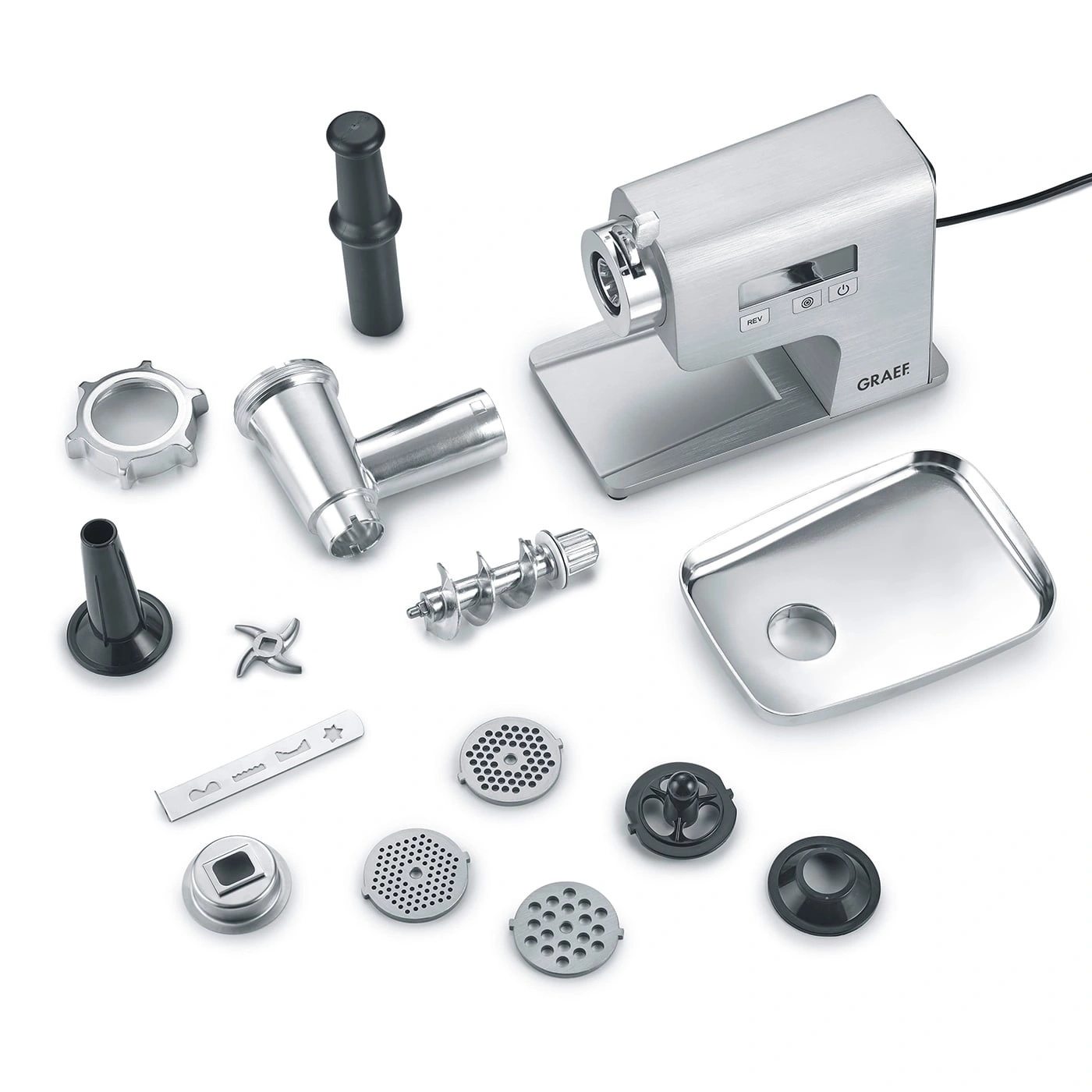Meat grinder with accessories, stainless steel, disassembled, for kitchen, close-up shot