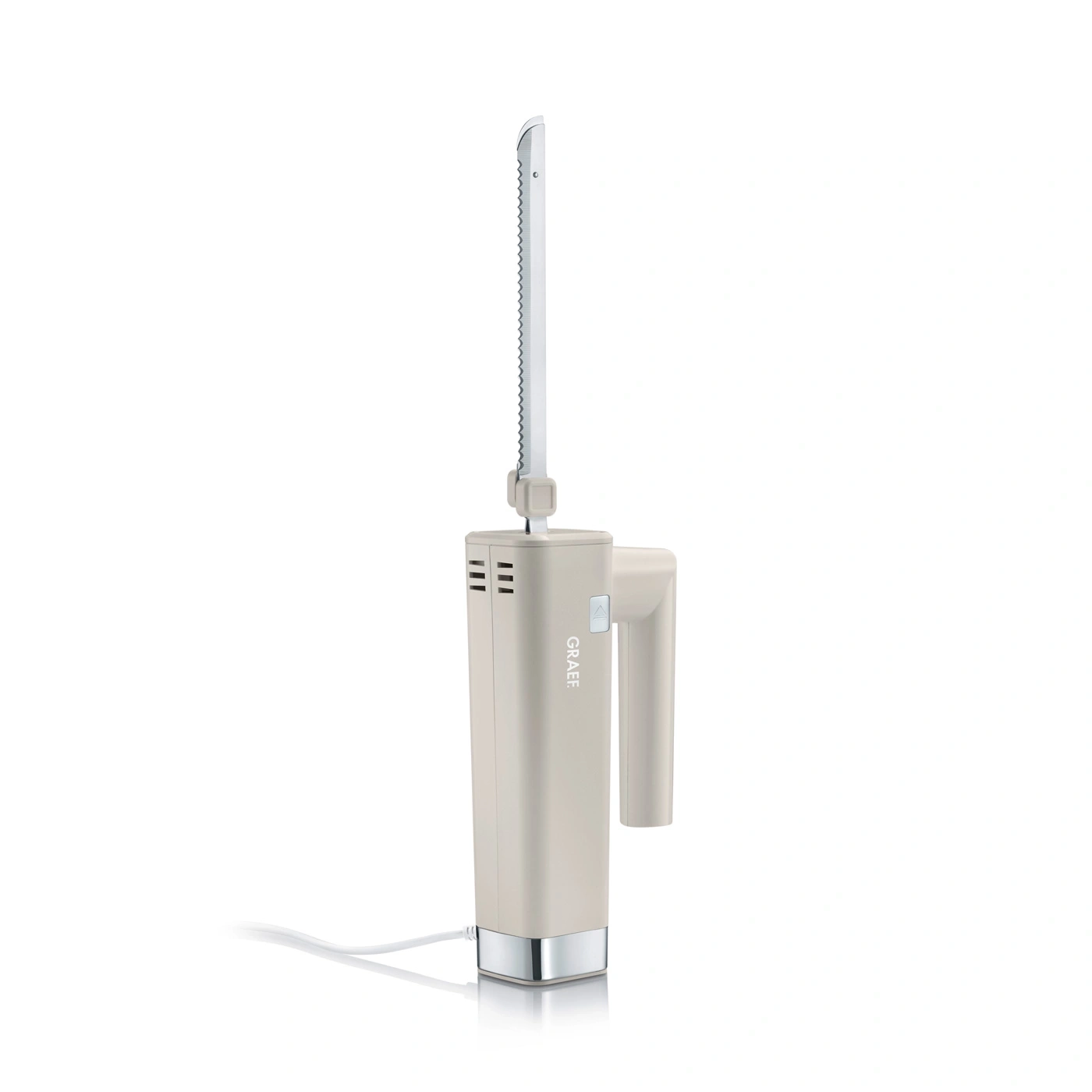 Elektrisches Messer, beige, mit Sägeblatt, GRAEF-Logo, weißes Kabel, isoliert