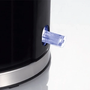 Close-up of a black kettle with a blue illuminated water level indicator.