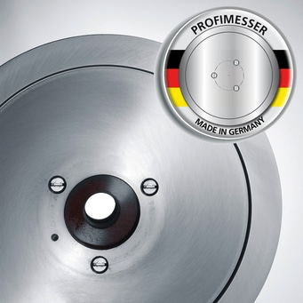 Metallplatte mit Logo 'PROFIMESSER' und 'Made in Germany' in Deutschland hergestellt