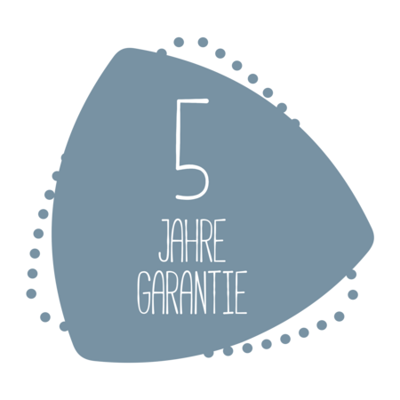 5 ans de garantie, panneau bleu avec lettres blanches et points