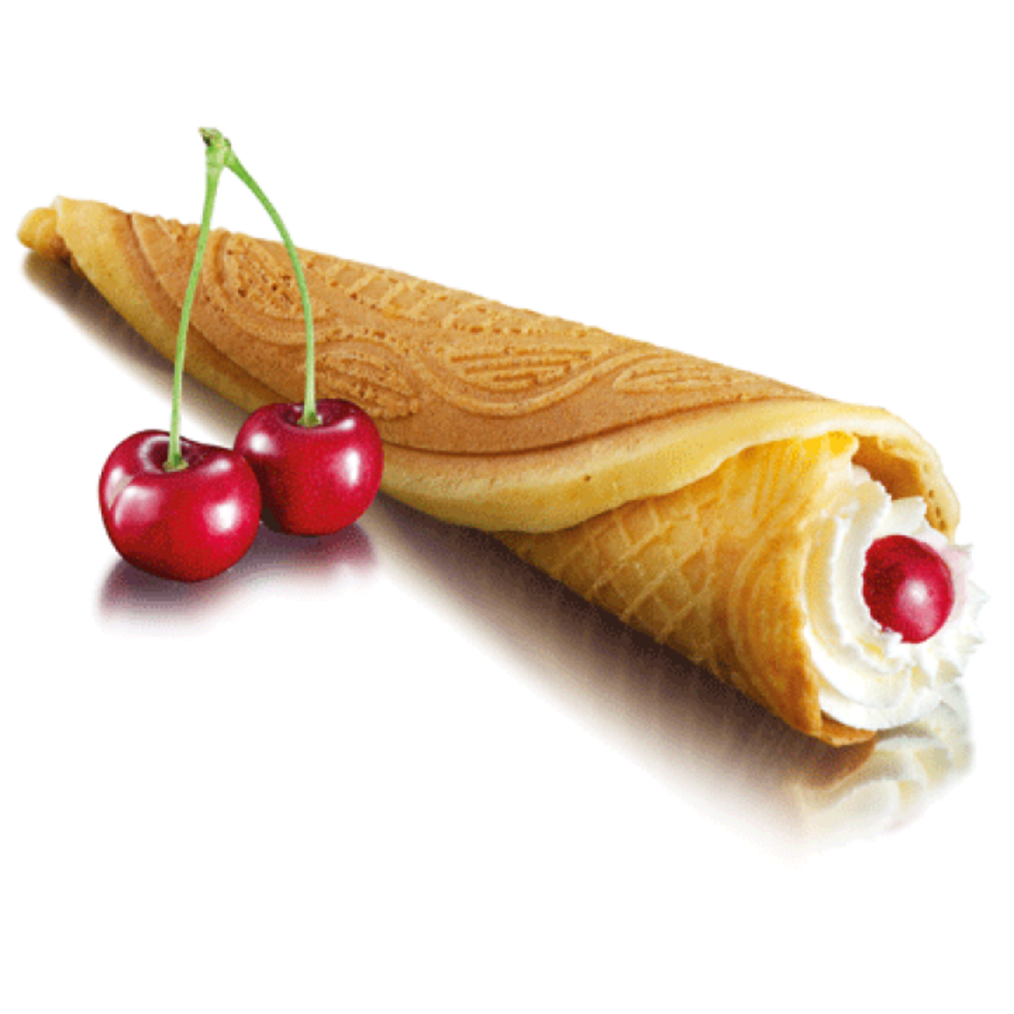 Waffle roll with cream and cherry, delicious and sweet, dessert