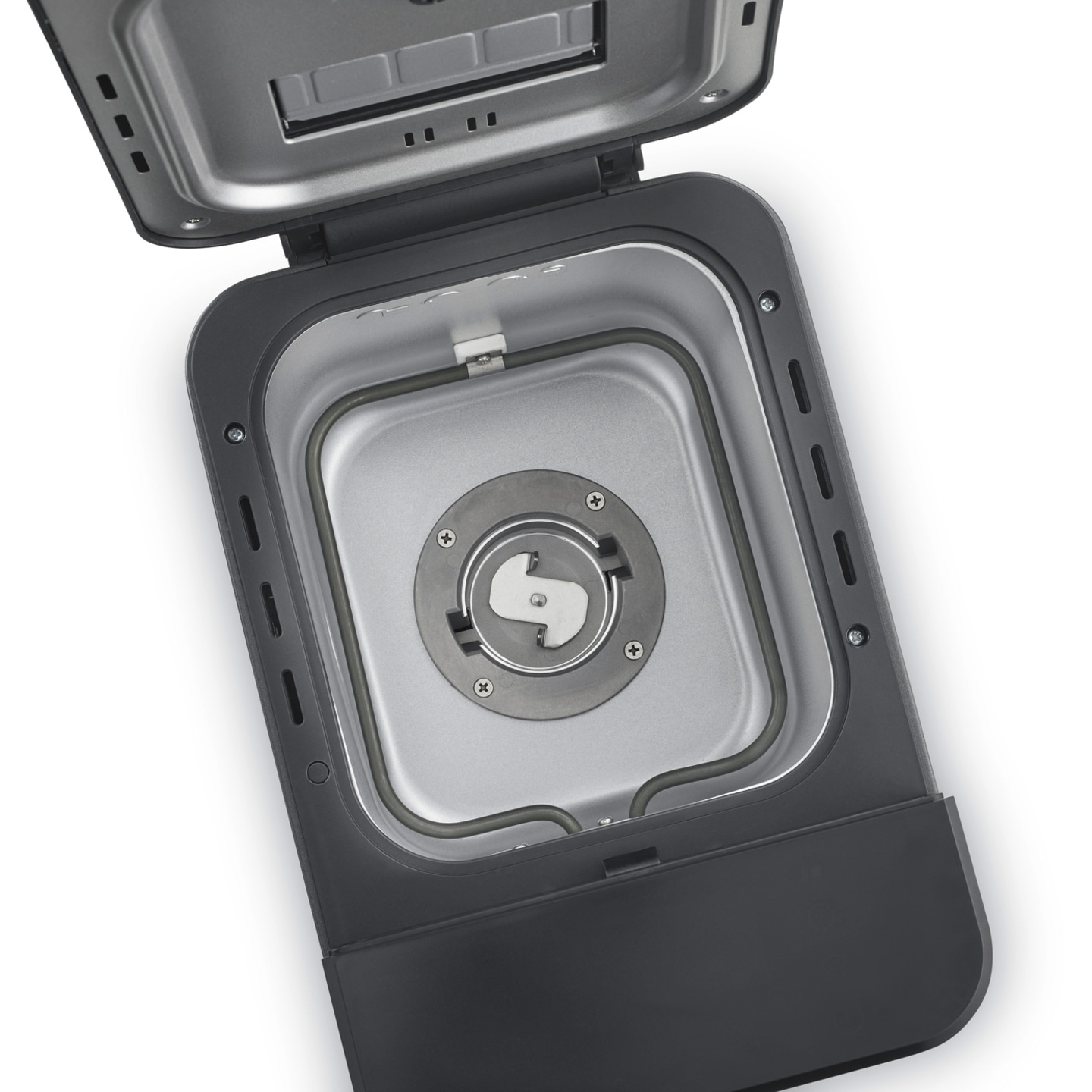 Bread maker interior, open, baking pan, heating element, lid, detail shot, close-up, appliance
