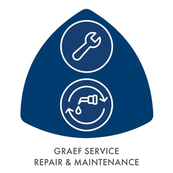 Blue triangle with wrench and faucet, GRAEF service, repair & maintenance