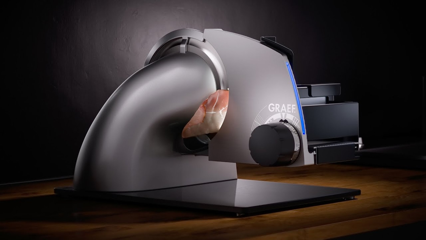 Graef meat slicer, meat, wood, kitchen, appliance, food, slicing, metal, gray