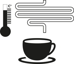 Tasse mit heißem Getränk, Thermometer und Rohr, das die Temperatur anzeigt.
