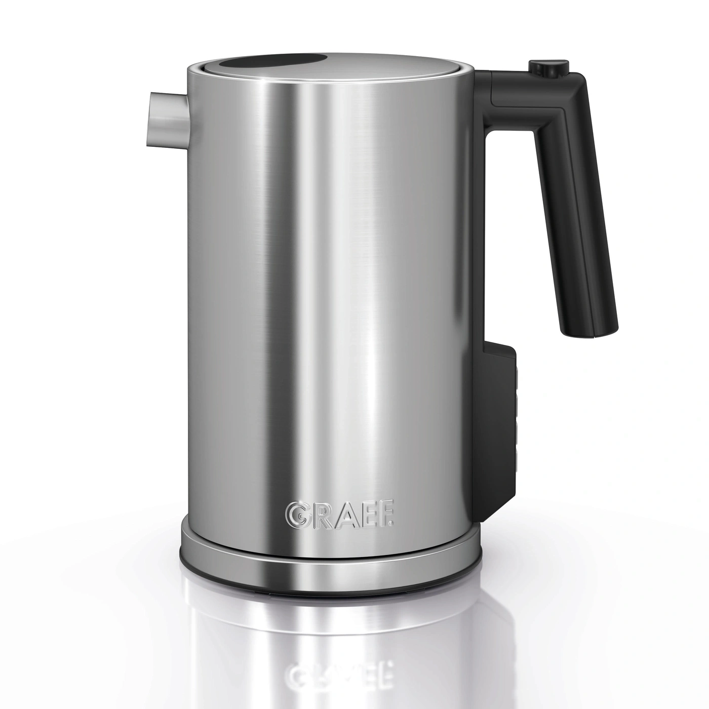 Edelstahl-Wasserkocher mit schwarzem Griff und GRAEF-Logo auf weißem Hintergrund.