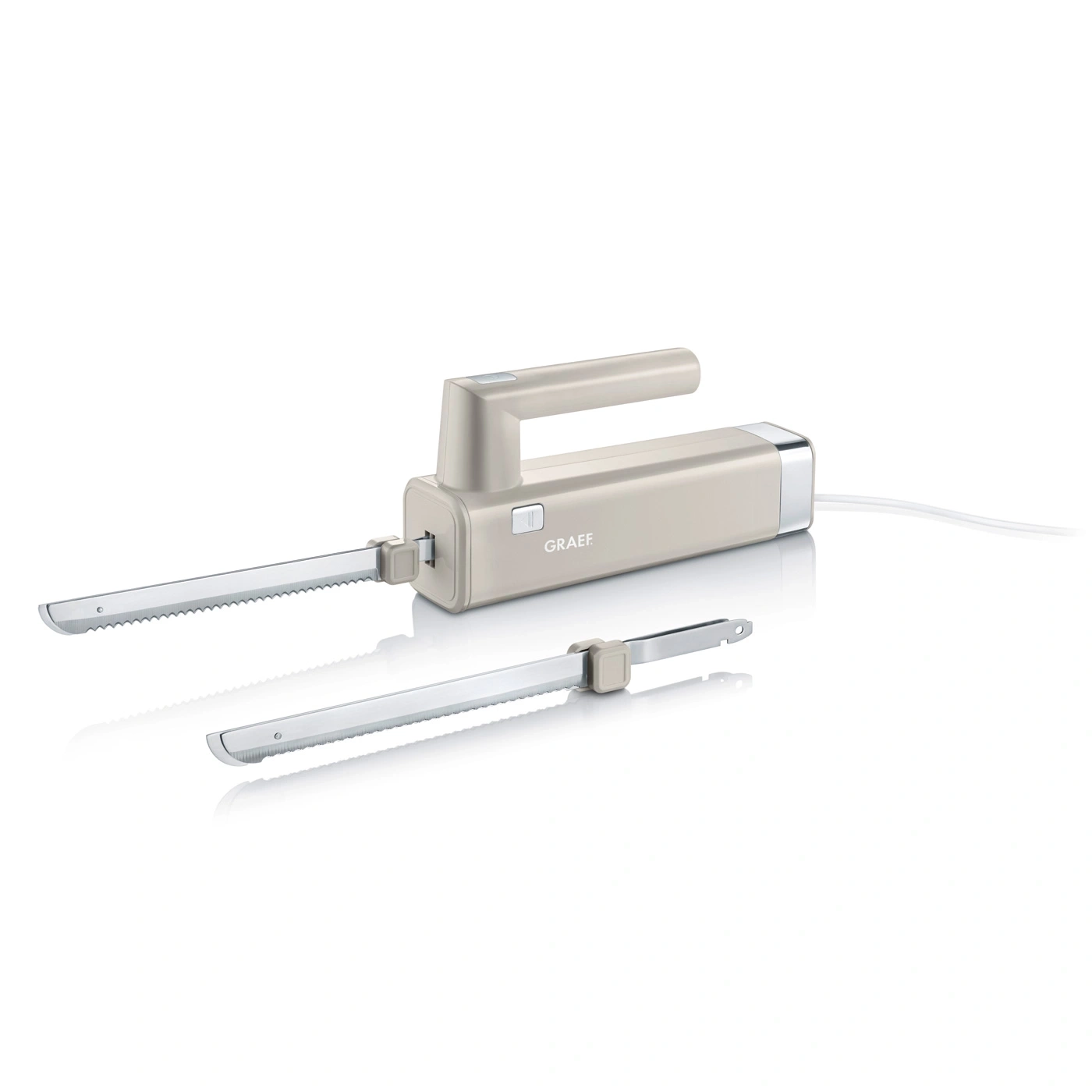 Elektrisches Messer mit zwei Klingen, beige, GRAEF-Marke, Küchengerät.