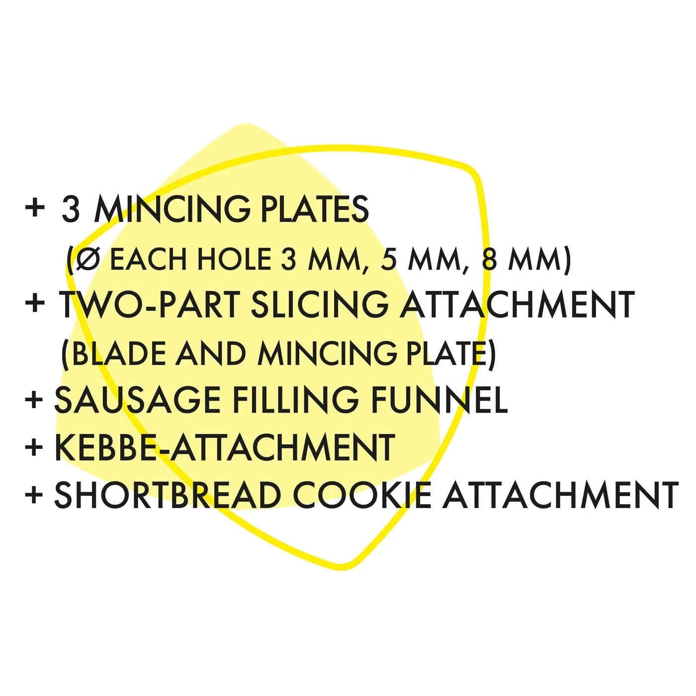 Kitchen machine attachments: mincing plates, slicing, sausage funnel, kebbe, cookie