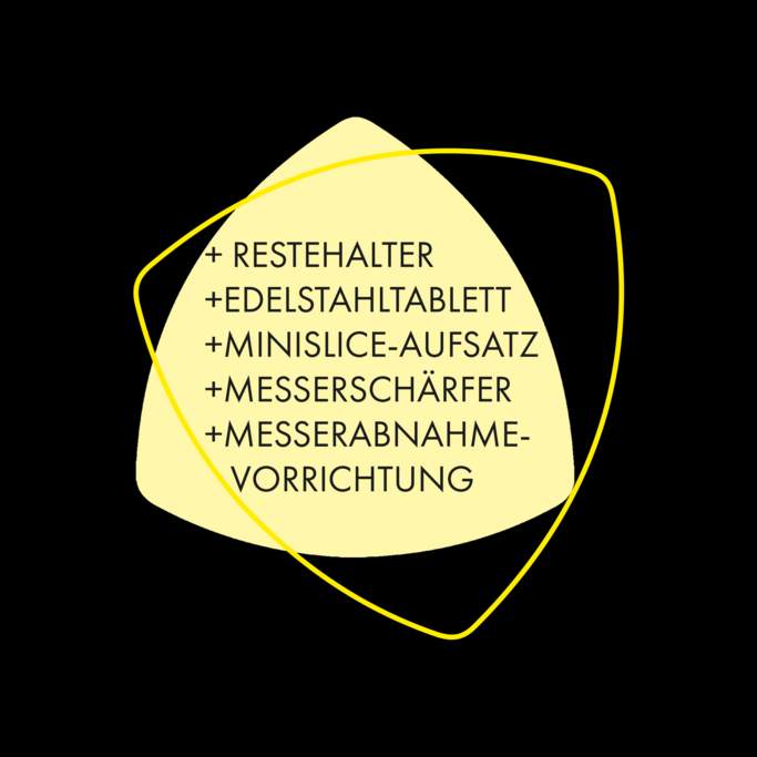 Gelber Text auf schwarzem Hintergrund: +RESTEHALTER +EDELSTAHLTABLETT +MINISLICE-AUFSATZ +MESSERSCHÄRFER +MESSERABNAHME-VORRICHTUNG