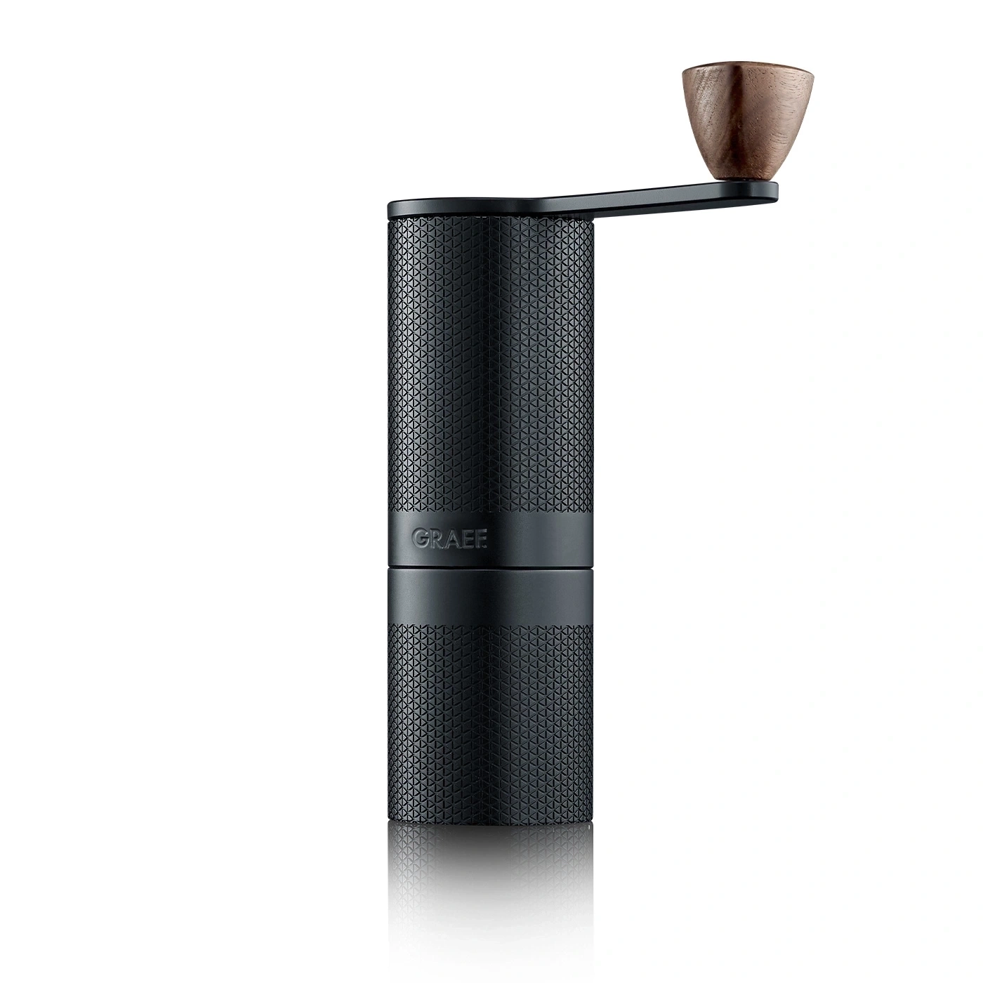 Black coffee grinder with wooden handle, GRAEF logo, isolated on white