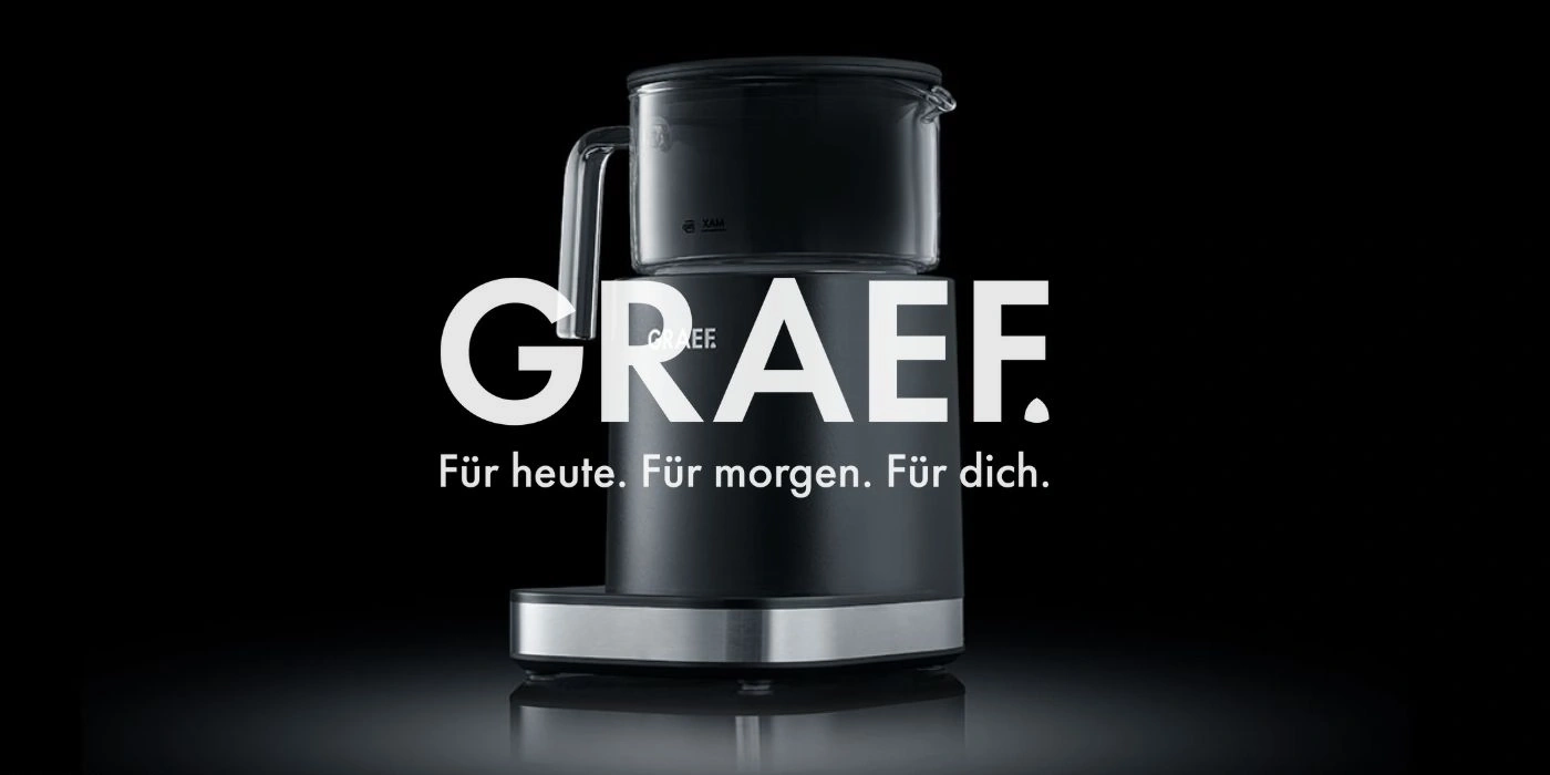 Kaffeemaschine mit GRAEF-Logo und dem Slogan 'Für heute. Für morgen. Für dich.'