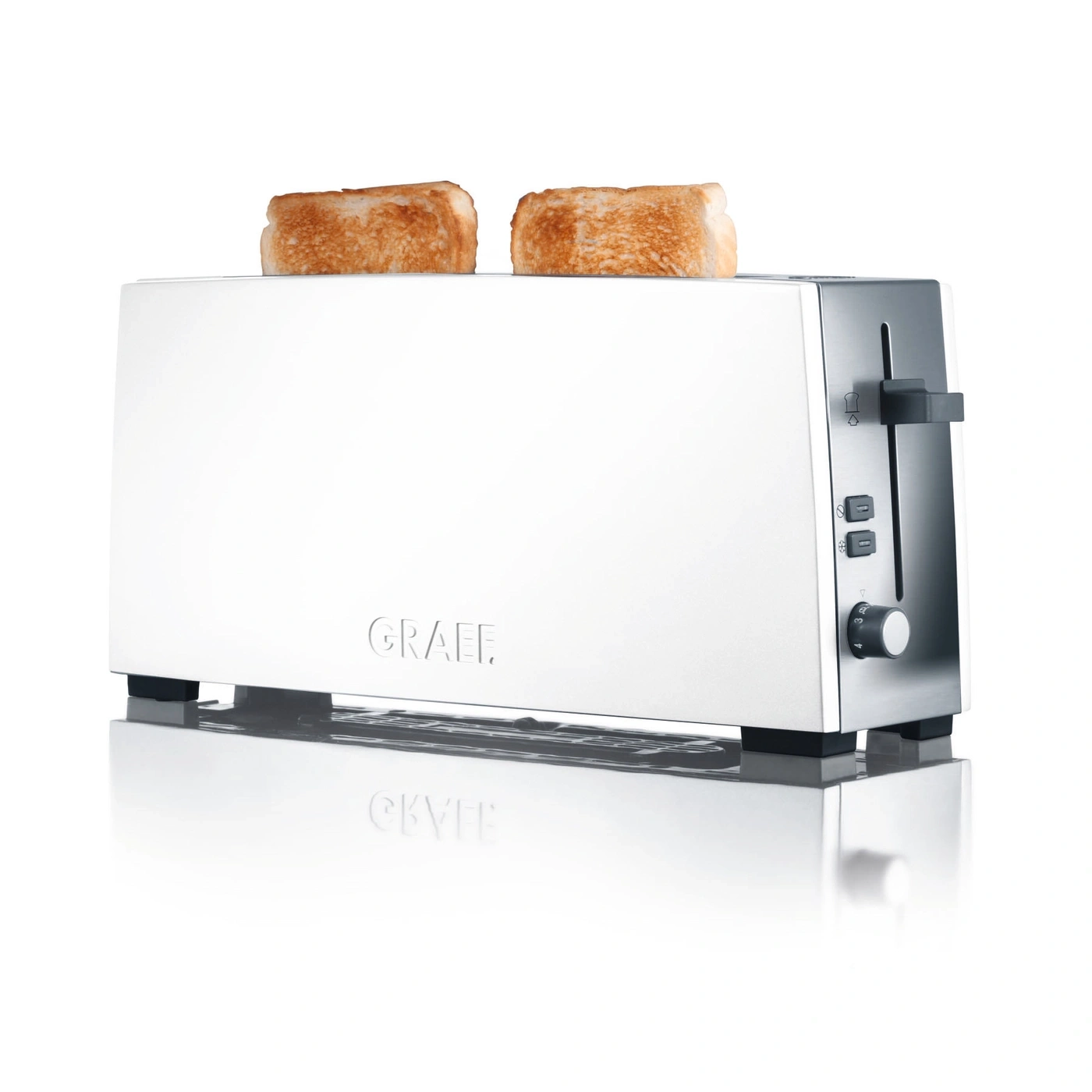 Weißer Toaster mit zwei Toastscheiben, die aus dem Toaster herausragen.