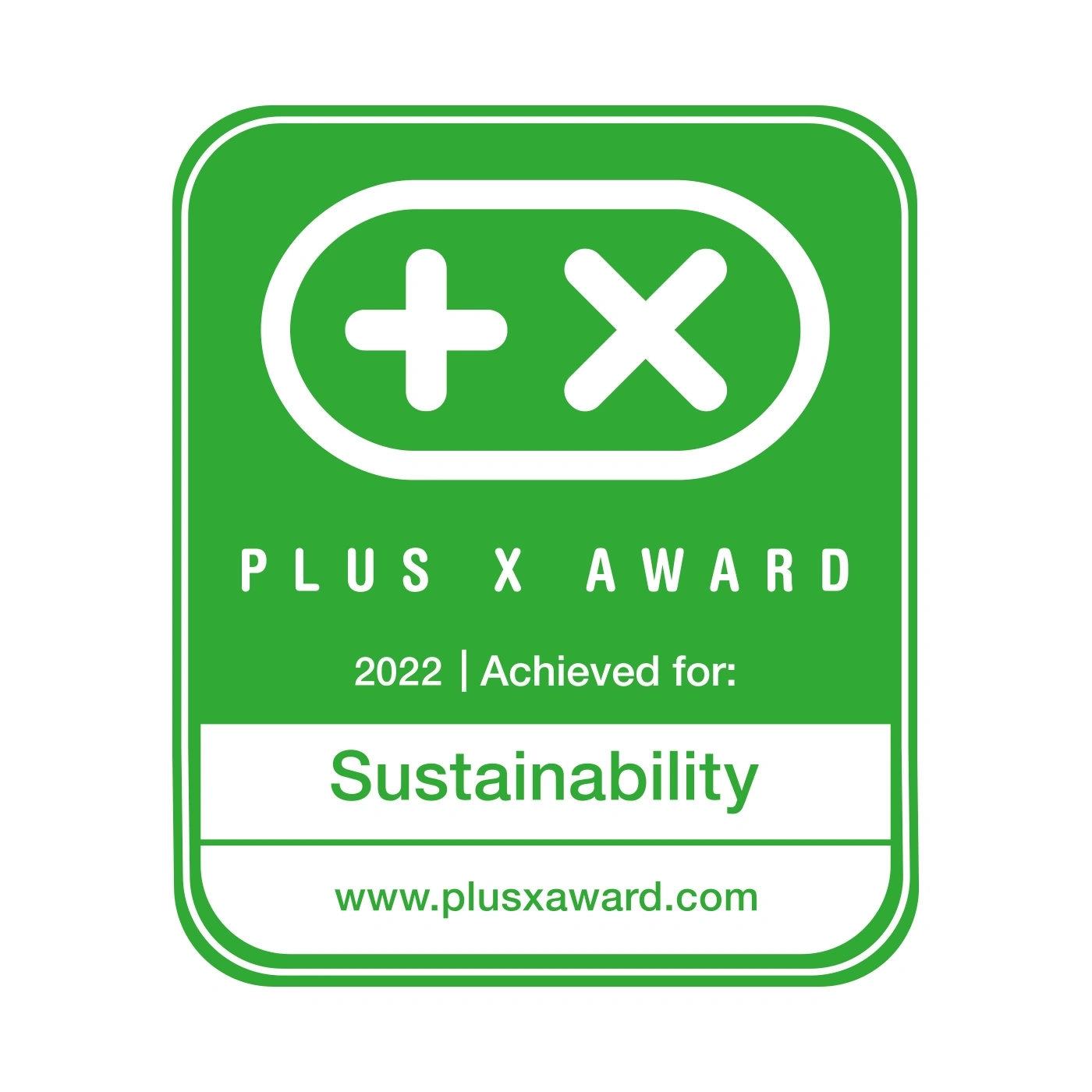 Plus X Award 2022 pour la durabilité, logo vert avec texte et symboles blancs